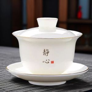 Dehua Ceramic Tea Set White Porcelain Yulan Cover Bowl Home Use Tea Brewing Bowl Handmade Craft Glazed under Color