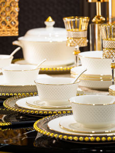 Jingdezhen Hotel Club Bone China High Footed Rice Bowl Dining Set Home Use Noodle Bowl Plate Combination Matching