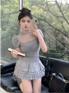 GUZILIAN | Sweet Short Mesh Base Layer Top Womens Summer High Waist Fluffy Cake Skirt Two Piece Set Elegant Princess Feel GZL20257375
