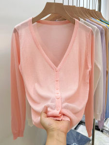 Thin Long Sleeve V-Neck Ice Silk Knitted Cardigan Womens Summer Outerwear Simple Style Air Conditioning Shirt Casual Commute