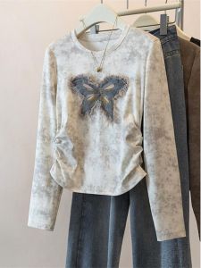 Summer White Tie Dye Short Sleeve T-Shirt Womens Denim Butterfly Print Casual Commute Style Slim Fit Korean Version Top