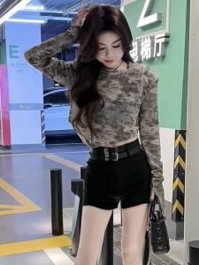 Unique Short Tie Dye T-Shirt Sweet And Spicy Girl Summer Fashion European Design Slim Fit Ink Washed round Neck Long Sleeve Top