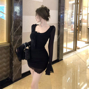 Váy Lưới Tay Áo Phồng Giả Hai Mảnh Cho Nữ Thu Đông Mới Thắt Eo Thon Gọn Thanh Lịch Váy Ngắn Bên Trong Váy Ngắn Ôm Sát