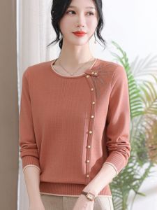 Fashionable Knitted round Neck Sweater for Middle-Aged Women Autumn Wear Thin T-Shirt Top Loose Fit Long Pants Button Detail