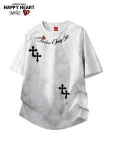 CHARLES JANGS HAPPY HEART | Heart Cross Letter Print T-Shirt Short Sleeves Loose Fit