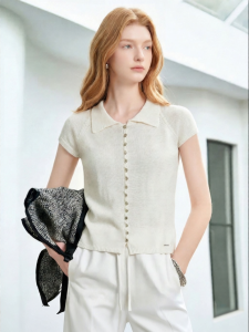 Turn-down Collar Multi-button Short Sleeve Slim Knit Sweater
