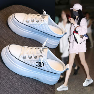 Slip-on Summer White Shoes Womens Thick Sole Elegant Height Increasing Closed Toe Half Slippers Soft Bottom Leather Heelless Lazybones Shoes