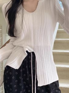 French Elegant V-neck Slit Knitted Sweater Womens Base Layer Top Asymmetrical Design Autumn New Style Commute Style Slim Fit