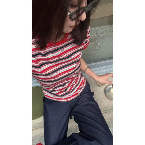 YUEZHONGWEI | Color-blocking Stripe Round-necked Short-sleeved Slim T-shirt Basic Top