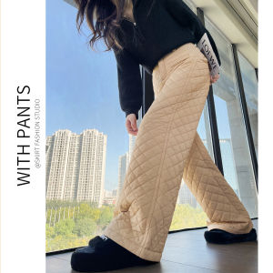 YINQING | Brown Check Cotton Pants for Small Women Cold Resistance High Waist Wide Leg