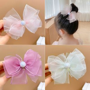 Children Mesh Lace Chiffon Large Bow Hair Claw Clips Fairy Princess Ponytail Holder Sweet Princess Baby Bow Hair Accessories For Girl (Beige/Purple)
