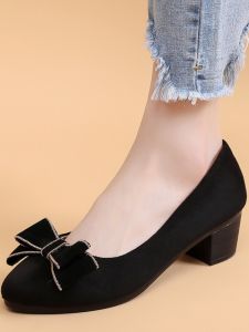 Old Beijing Cloth Shoes Womens Chunky Heel Black Bows Work Shoes Work Clothing Breathable Shoes round Toe Mid Heel Suede Womens Shoes
