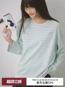 Omont Retro round Neck Striped Long Sleeve T-Shirt Loose Casual Base Layer Shirt Spring Autumn Comfortable Lazy Top