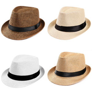 Fashion Men Straw Hat for Women Summer Trendy Beach Sun Hats Solid Color Fedoras Ribbon Casual Cowboy Jazz Cap Gangster Cap Male