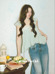 La lune Du ciel | Áo Camisole Cổ Vuông Ren Tay Voan
