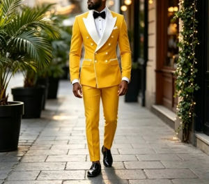 Men Suit 2PCS Yellow Blazer with White Peak Lapel Yellow Pant Tailored Fit for Wedding Banquet Party Tuxedo Customized