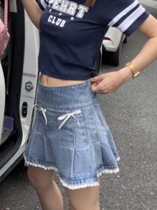 สไตล์เกาหลีหวานเผ็ดกระโปรงยีนส์สําหรับผู้หญิงเอวสูงA-Lineลูกไม้ตัดกระชับสัดส่วนกระโปรงสั้น