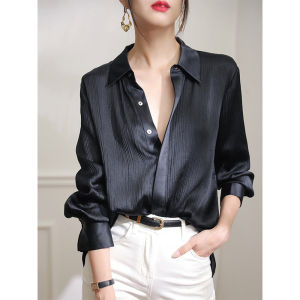 French Black Satin Shirt for Women Autumn/Spring New Arrival Textured Design Hidden Placket