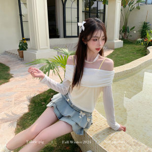 Korean Style One-Shoulder Vest Top Womens Early Autumn Apricot White Cover up Three-Piece Set Sweet Style Long Sleeve Polyester Fiber