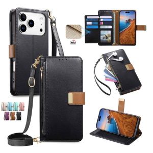 RFID chặn ví có khóa kéo chất liệu da PU vỏ điện thoại cho Iphone 18 Pro Max 17 không khí 16 cộng với 15 14 13 đa khe đựng thẻ Crossbody có dây đeo cổ tay chân đế chống sốc kinh doanh bảo vệ Bìa