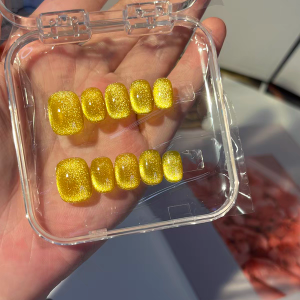 Handmade Fairy Original Wealth Attracting Yellow Gold Full Moon Glass Bead Cat Eye White Enhancing Fake Nails Short Square