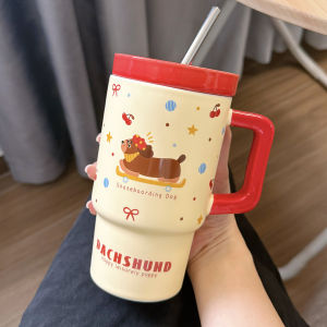 LUXIAOSHI | Tách Sứ Hình Chó Dachshund với Ống Hút và Nắp