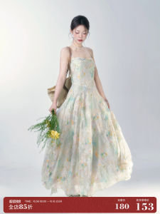 Summer French Vacation Style Floral Lace Halter Neck Long Dress Womens Slimming High Waist Korean Style Commute Dress