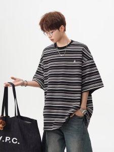 American Style Heavyweight Color Block Stripe Short Sleeve Mens Summer New Trendy Loose Casual Five Sleeve Versatile round Neck T-Shirt