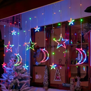 Star Moon LED Lights Warm/Multicolor Christmas Garland Lamp Battery Powered Curtain Fairy Light for Holiday Party Ramadan Decor