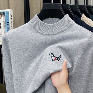 Mens New Spring Knitted Pullover Round Neck Soft and Slim-Fitting Sweater Pure Color with Embroidery Dog Pattern Mens Wear Tops
