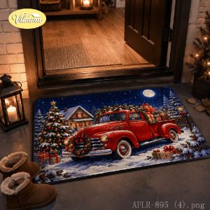VIKAMA Retro Red Christmas Truck Doormat Soft Non-Slip Entryway Mat Christmas Holiday Rug Front Door Home Decor