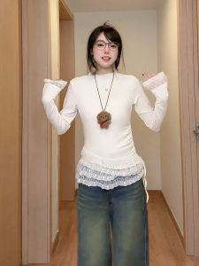 เสื้อยืดผู้หญิงไซส์ใหญ่ ผ้าลูกไม้ขอบลูกไม้ ทรงเข้ารูป ปกโปโล แขนยาว คอวี ทรงเข้ารูป ฤดูใบไม้ผลิ 2024