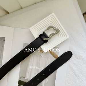 เข็มขัดหนังแท้โลหะสไตล์เรียบง่ายสำหรับผู้หญิง เข็มขัดหนังแท้แบบไม่สมมาตร หัวเข็มขัดเงิน แฟชั่นอเนกประสงค์ ขนาดกลาง