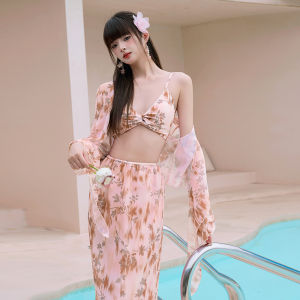 Womens Two-Piece Four-Piece Set Swimsuit Long Sleeve Sunscreen Thermal Spa Conservative Swimwear V-Neck with Chest Pad No Steel Support