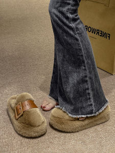 Furry Slippers Womens Outdoor Wear Thick Bottomed Half Slippers Fleece Lined Mink Fur Cotton Shoes Korean Style Fairy Head Covered