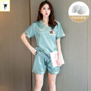 Ice Silk Sleepwear Womens Summer Short Sleeve Shorts Thin Large Size Cool Feeling Loose Casual Home Clothes Chest Pad Two Piece Set