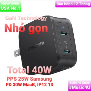 Củ sạc nhanh RavPower C PD PPS 20W 18W 25W 30W 40W cho IPhone 12 13 Pro Samsung Note S20 21 22 Ultra Max Tuấn Hà Store