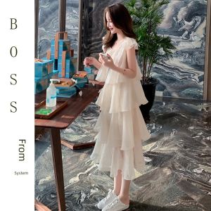 Princess Style Womens Dress Summer New Fly Sleeve Cover Hip Inner And Outer Wear Fairy Snowflake Cake Long Skirt Gown