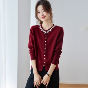 Spring Autumn Pure Color Cashmere Knitted Open Cardigan Womens round Neck Loose Long Sleeve Outerwear Fashionable Versatile
