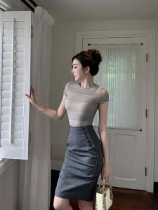 Gray Elegance Decorative Button Slit Stripes High Waisted Slimming Pencil Skirt