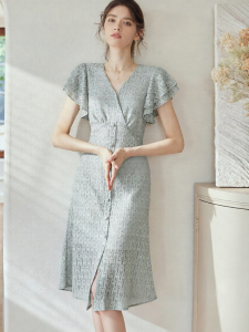 Roey s house | V-Neck Flared Sleeve Lace Fish Tail Skirt Dress
