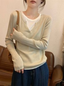 Spring Autumn Knitted Long Sleeve Base Layer Color Block Womens Top Fashionable Commute Straight Cut Korean Style Knitwear