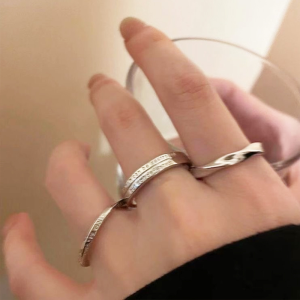 OR🧸 Cincin Perdana Perak 3 Potong Set Cincin Terbuka Serbaguna Sederhana Wanita Cincin Dapat Disesuaikan Gaya Dingin COD