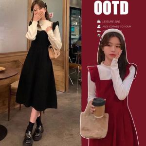 Pregnant Women Autumn Winter New Years Red Dress Knitted Base Layer Trendy Mommy-to-be Fake Two-Piece Long Sleeve round Neck Casual Dress