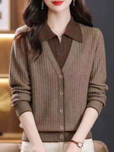 เสื้อสเวตเตอร์ถักคอปกสองชิ้นสำหรับผู้หญิง ฤดูใบไม้ผลิและฤดูใบไม้ร่วง 2025 แฟชั่นสเวตเตอร์สีบล็อก เสื้อชั้นในสีสันสดใส เสื้อสเวตเตอร์ถัก