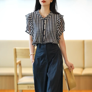 QINGNAER | Plus Size Unique Designer Striped Short Sleeve Blouse