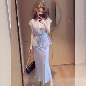 YIKEMAI | Slimming Large Size Belted Waist Dress Elegant Fake Two-Piece