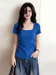 AIYITI | Square Neck Straight Shoulder Short Sleeve Summer Tshirt Plus Size Waist Drawstring Shaping Top