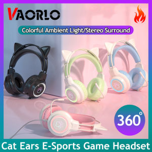 VAORLO Original Wired Headphones Colorful Ambient Light Cute Cat Gift Headset With Microphone 360°Stereo Surround Music Gaming Headsets Control lights Earphone