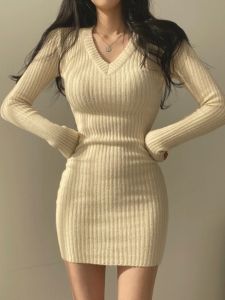 HUOLISI | Autumn Inner Tight Knitted Dress V-Neck Short Wrap